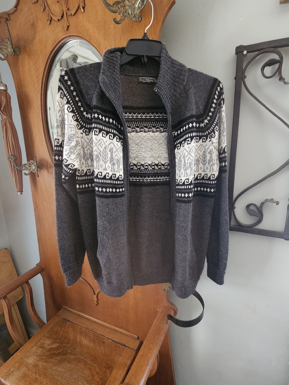 100% Baby Alpaca Peru Nordic Fair Isle Zip Cardigan Sweater Mens M Gray